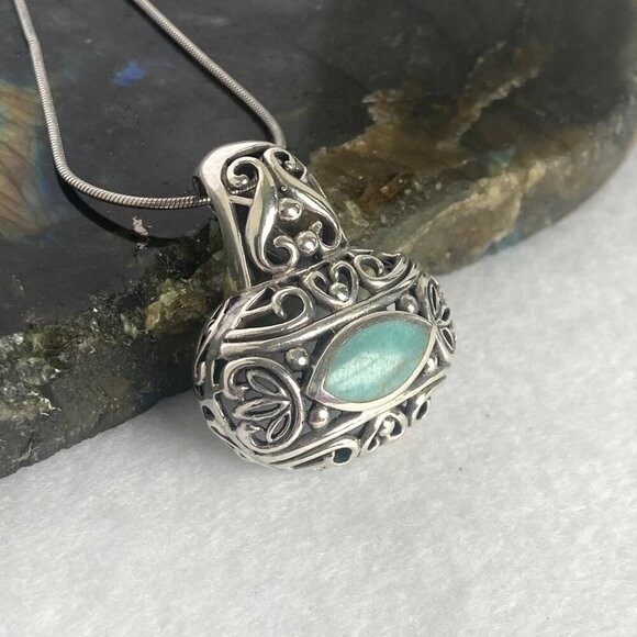 Sterling Silver 925 Chunky Bali Style Scrollwork Turquoise Pendant Necklace 18" - Picture 5 of 16